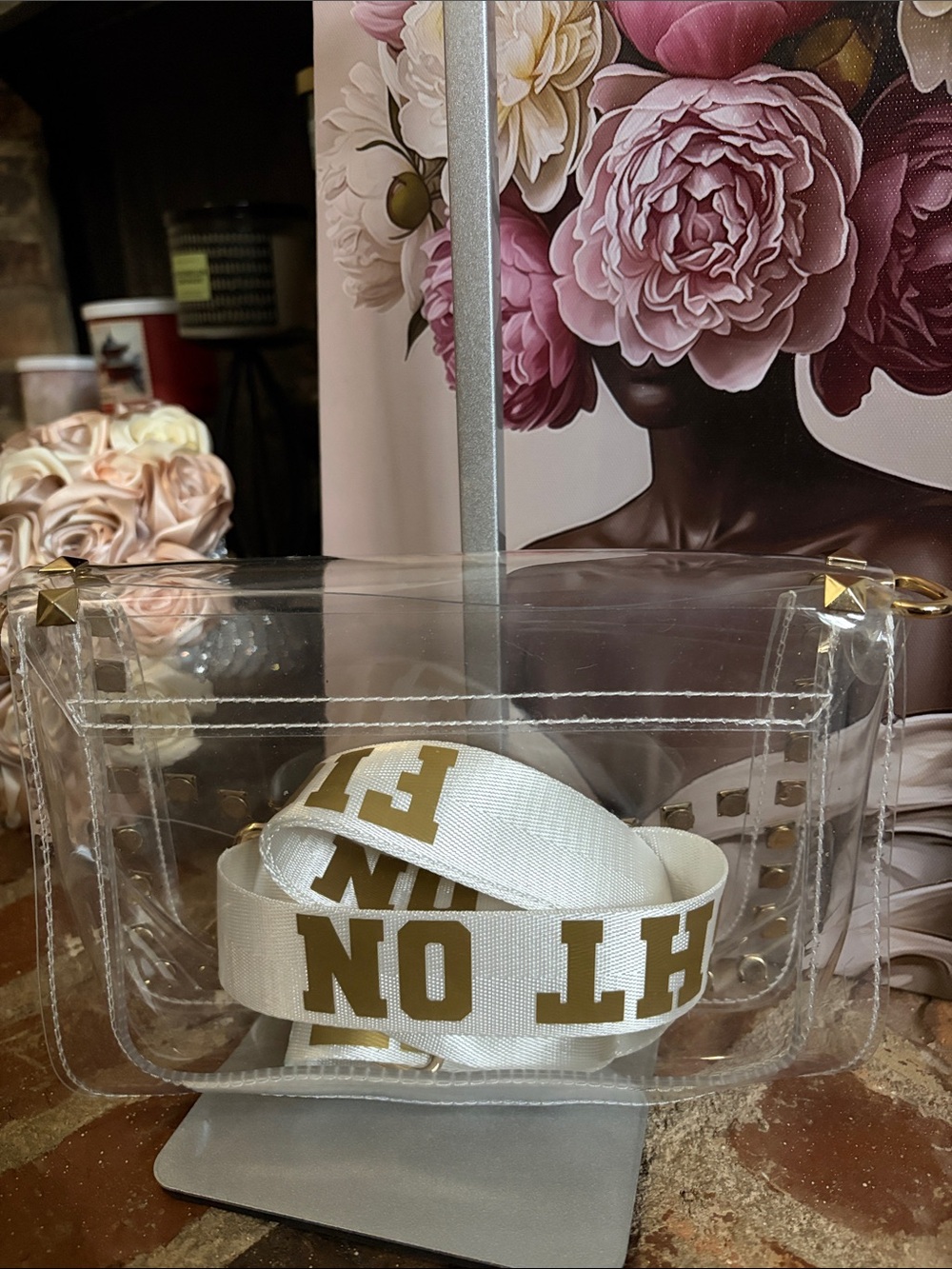 Clear Crossbody Bag with Gold Stud Accents and White Strap - Picture 4 of 4